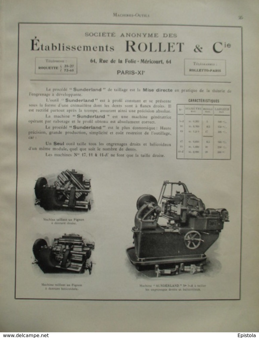 Machine à Tailler Les Engrenages Rollet Sunderland - Page De 1925 Catalogue Sciences & Tech. (Dims. Standard 22 X 30 Cm) - Maschinen