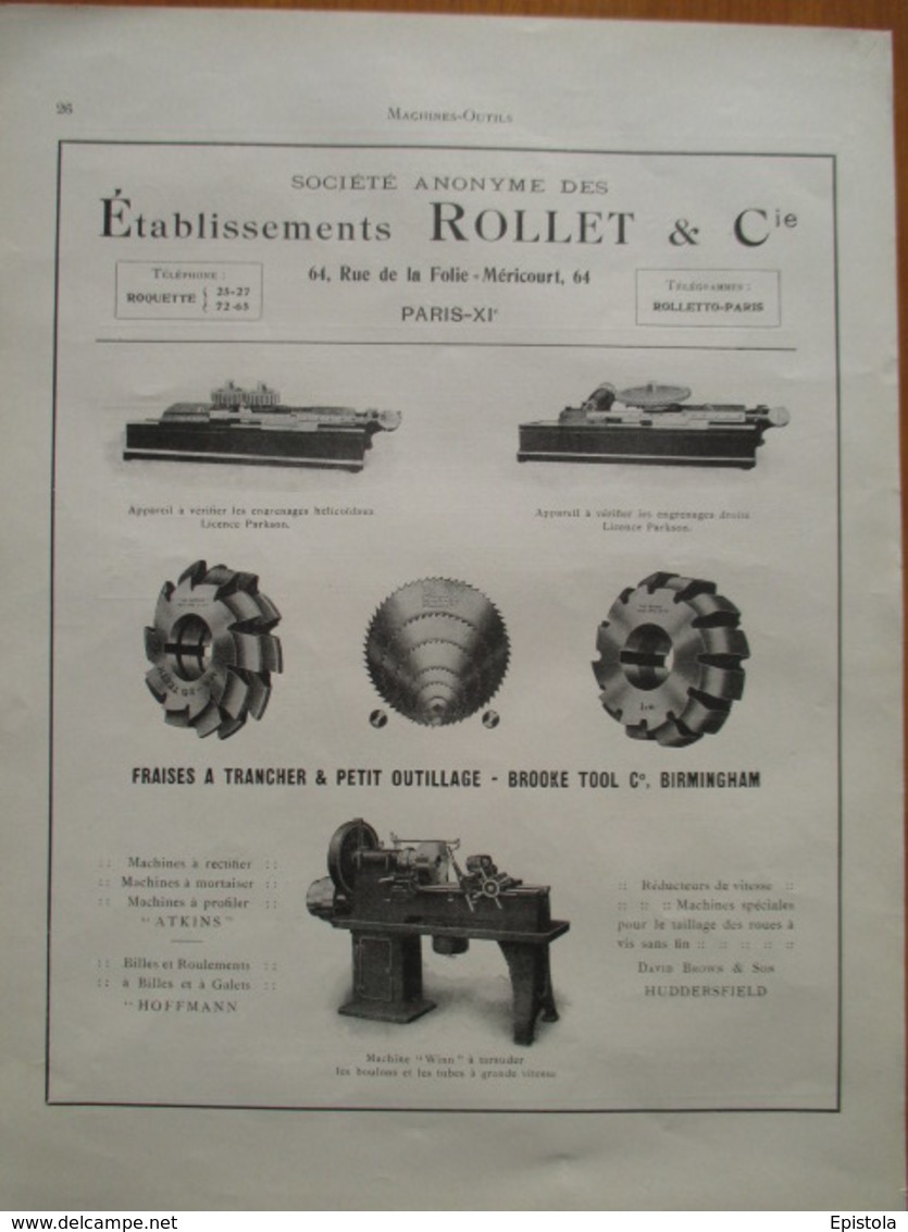 Appareil à Vérifier Les Engrenages Rollet Parkson - Page De 1925 Catalogue Sciences & Tech. (Dims. Standard 22 X 30 Cm) - Other Apparatus