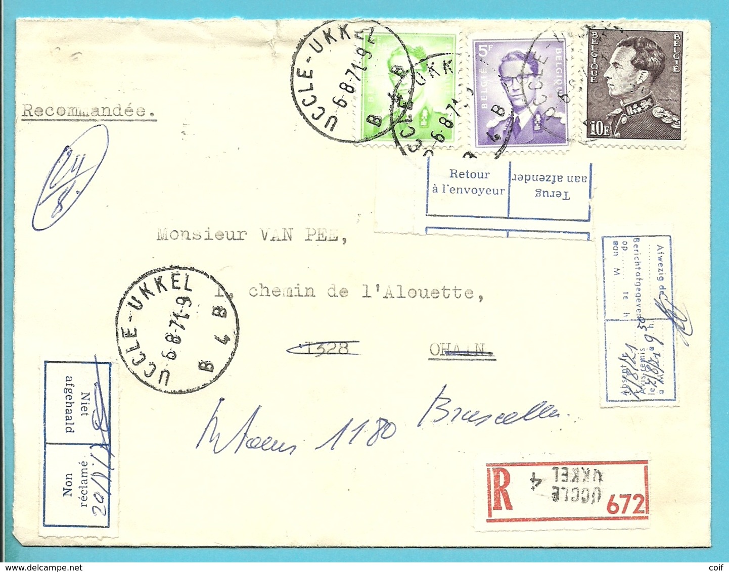 848A+1029+1068 Op Brief Aangetekend Stempel UKKEL Naar OHAIN, Strookjes ABSENT../NON RECLAME../ RETOUR.... - 1953-1972 Bril