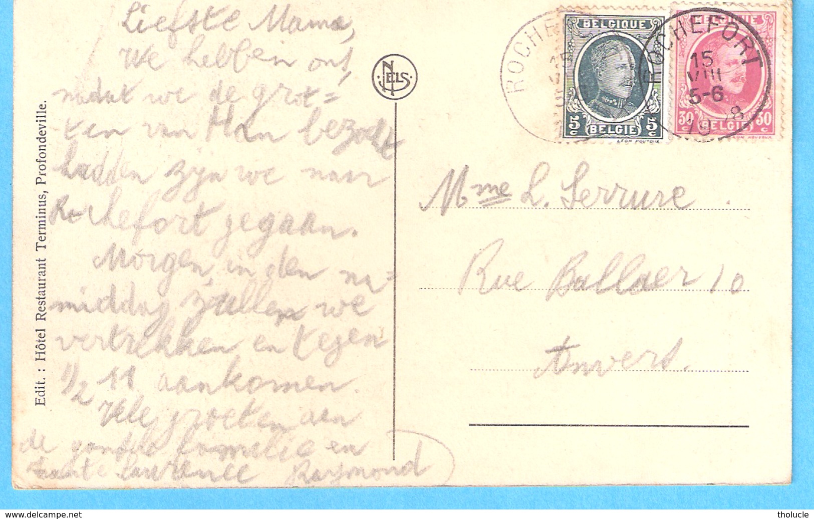 Carte Postale-Timbre COB 193+200 Roi Albert 1er Houyoux-Oblitération Rochefort-1928-CPA -Profondeville-Rochers De Frènes - 1922-1927 Houyoux