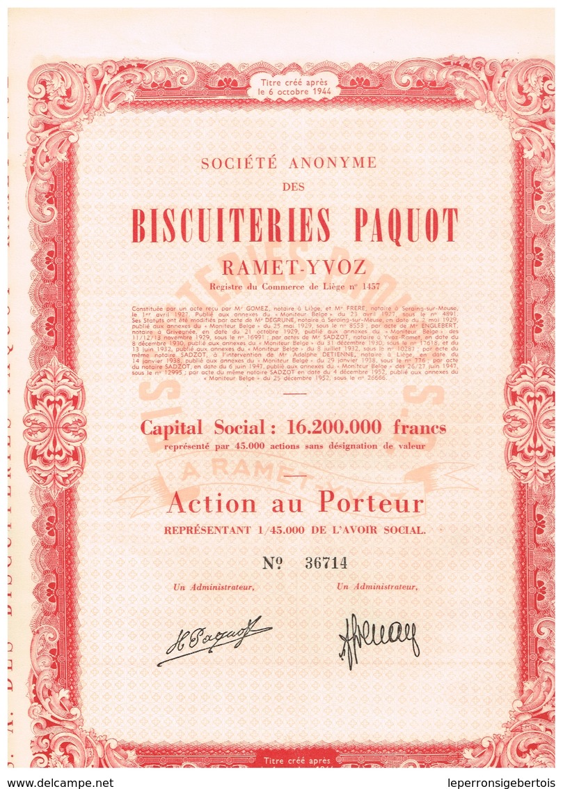 Titre Ancien - Sté Anonyme Des Biscuiteries Paquot  - Titre De 1952 - - Industrie