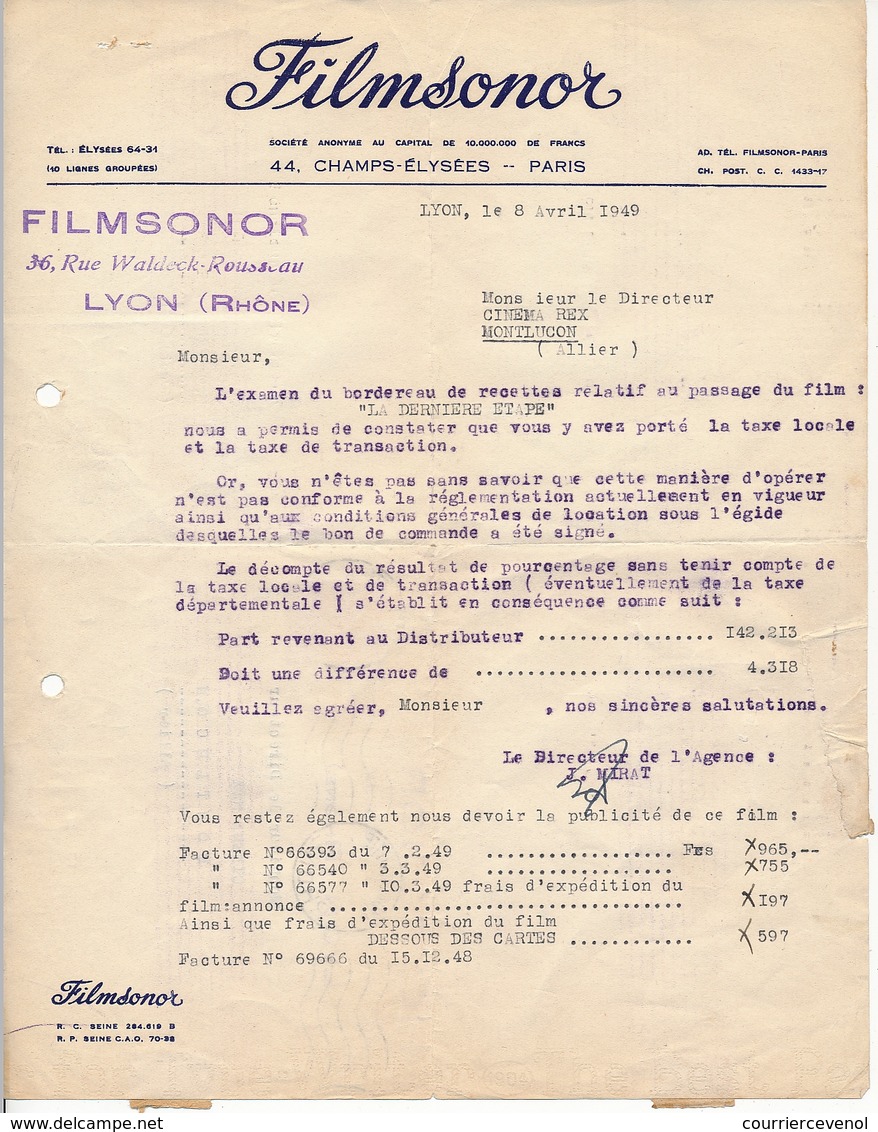 FRANCE - Lettre En-tête "FILMSONOR" Paris / Lyon - 1949 - Affr 15f Gandon - OMEC Lyon Lafayette - Andere & Zonder Classificatie