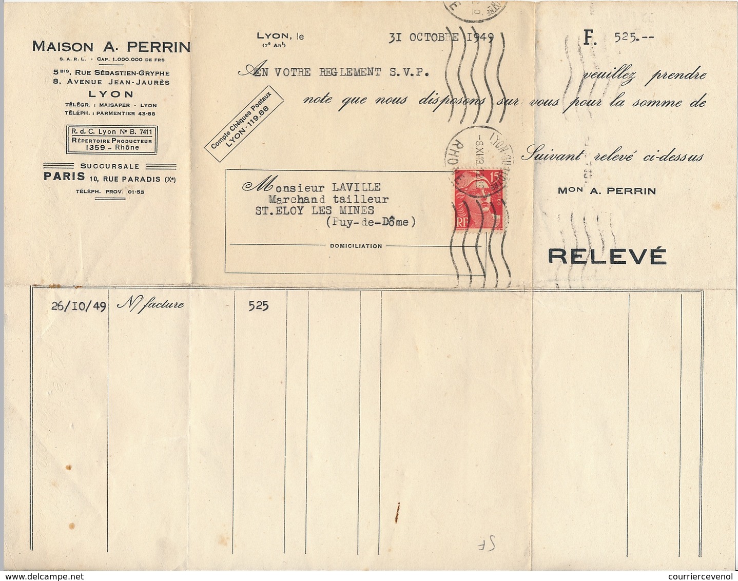 FRANCE - Bordereau D'expédition - En-tête "Maison A.PERRIN" Lyon - Affr 15f Gandon, OMEC Lyon Guillottière 1949 - Andere & Zonder Classificatie