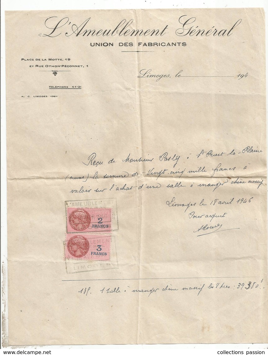 Reçu Sur En Tête ,L'AMEUBLEMENT GENERAL , Union Des Fabricants ,LIMOGES ,1946, Timbré, Frais Fr 1.55 E - 1900 – 1949