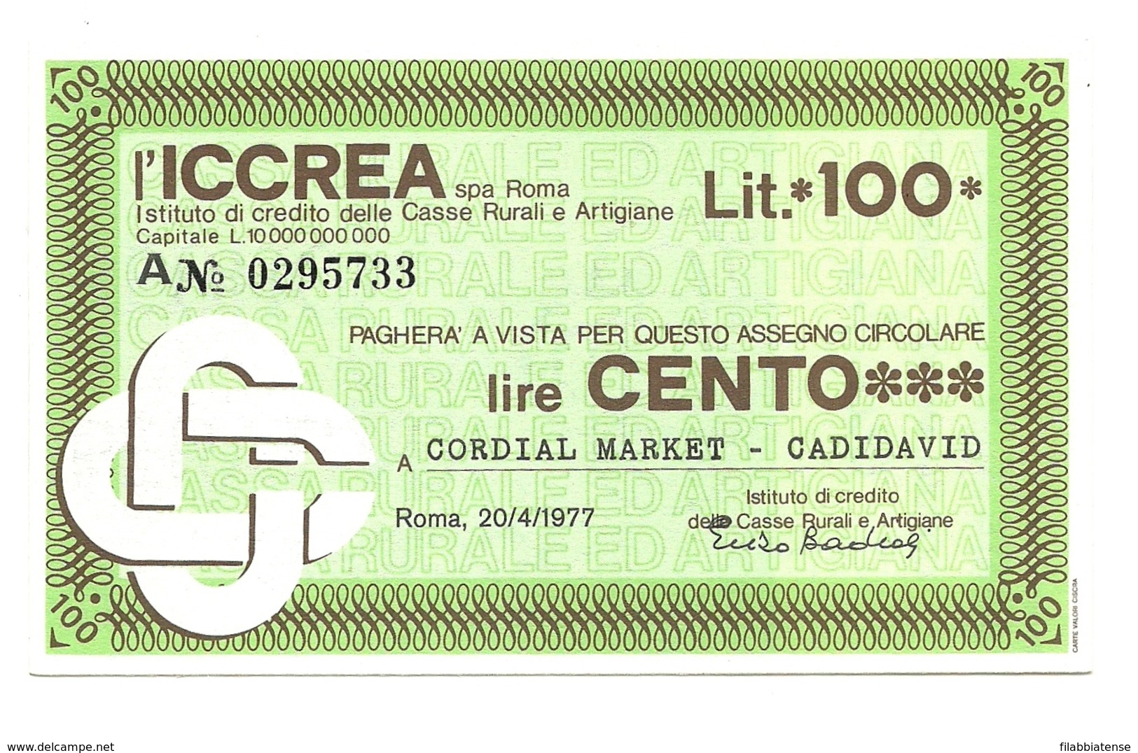 1977 - Italia - ICCREA - Cordial Market - Cadidavid - [10] Assegni E Miniassegni