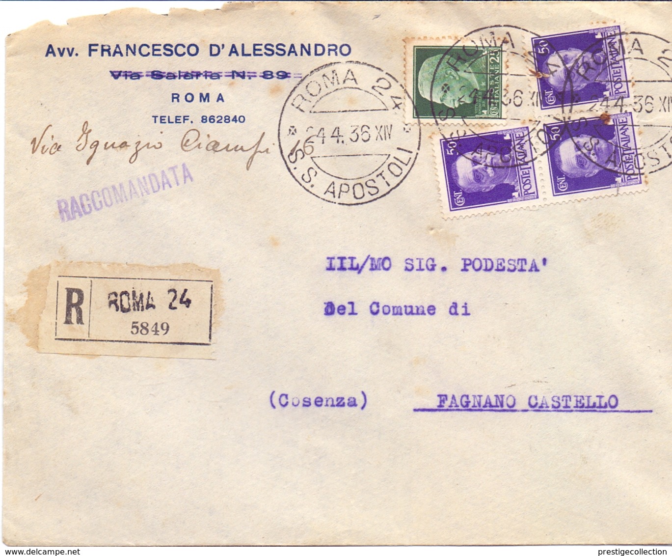 RACCOMANDATA ROMA APOSTOLI 1936  (FEB201369) - Storia Postale