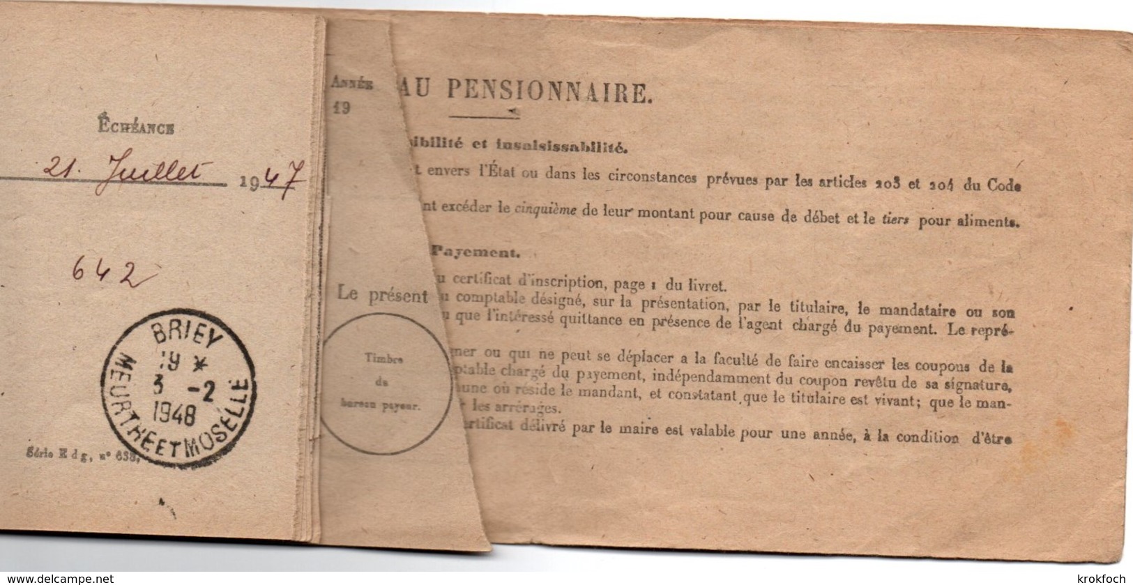 Pensions Militaires D'invalidité - Guerre 1939 - Livret Oblitéré Briey 1948 - Finances Dette Publique - Documents