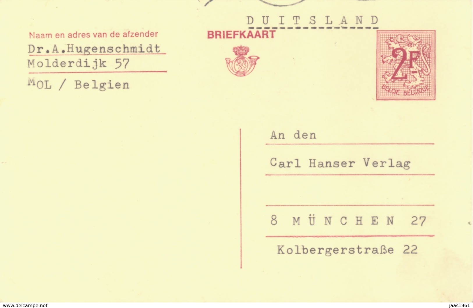 BELGIUM. POSTAL STATIONARY TO GERMANY. 1968. - Otros & Sin Clasificación