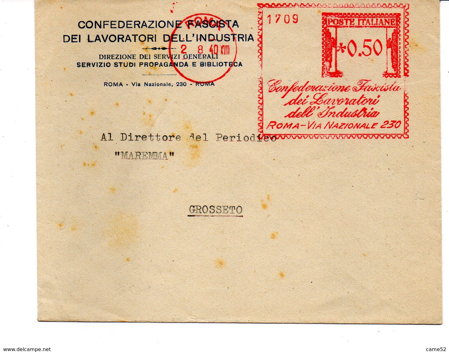 1940 EMA Affrancatura Meccanica Rossa Freistempel Roma Confederazione Fascista Lavoratori Industria - Machines à Affranchir (EMA)