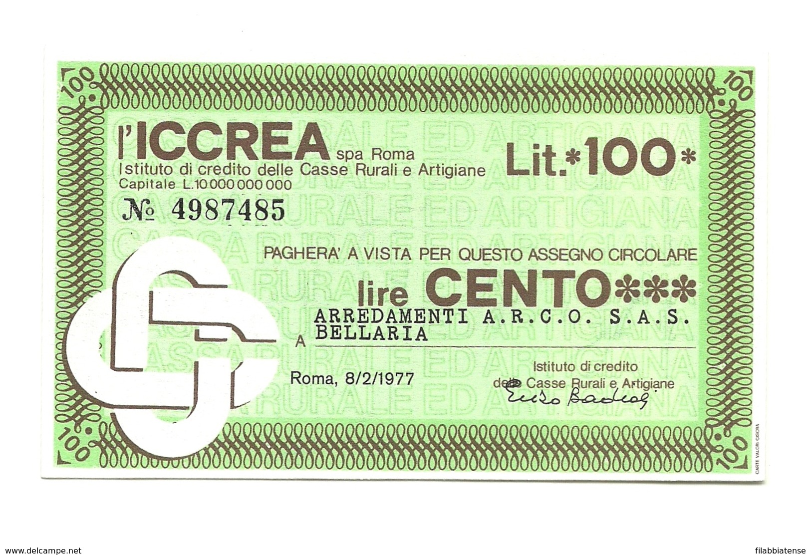 1977 - Italia - ICCREA - Arredamenti A.R.C.O. S.A.S. Bellaria ---- - [10] Assegni E Miniassegni