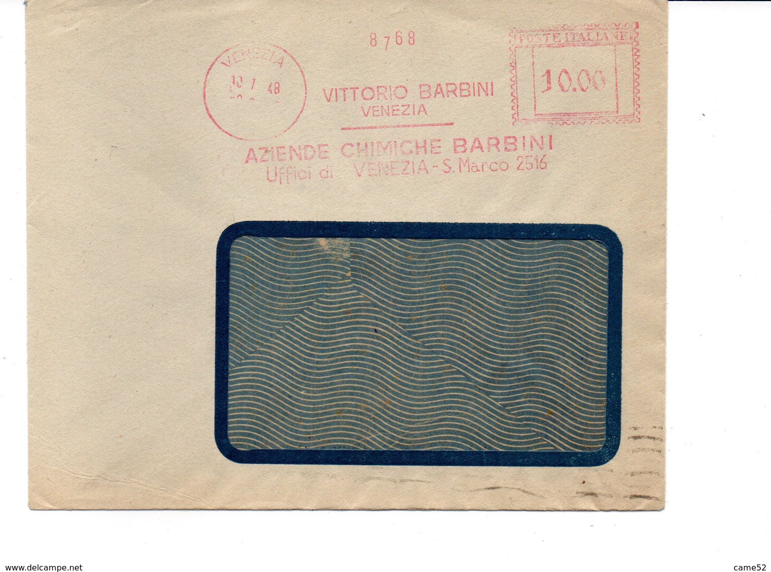 1948 EMA Affrancatura Meccanica Rossa Freistempel Venezia Aziende Chimiche Barbini Uffici Venezia Scalpellata - Machines à Affranchir (EMA)