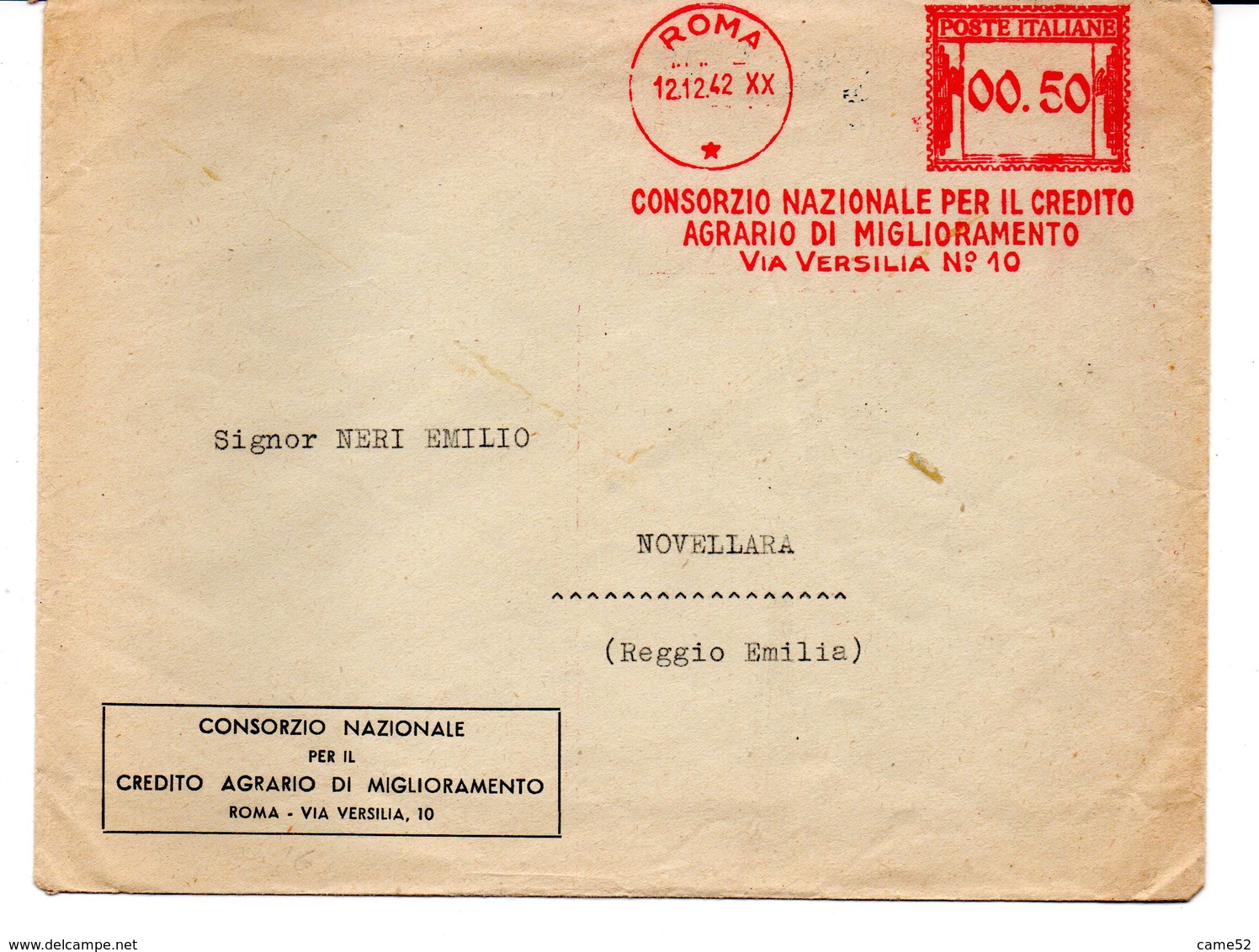 1942 EMA Affrancatura Meccanica Rossa Freistempel Roma Consorzio Naz. Credito Agrario Di Miglioramento - Macchine Per Obliterare (EMA)