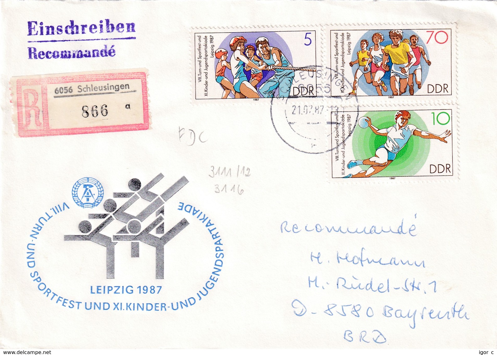 Germany DDR Registered Cover 1987: Sport Gymnastics; Tug Of War; Athletics Running; Handball - Other & Unclassified