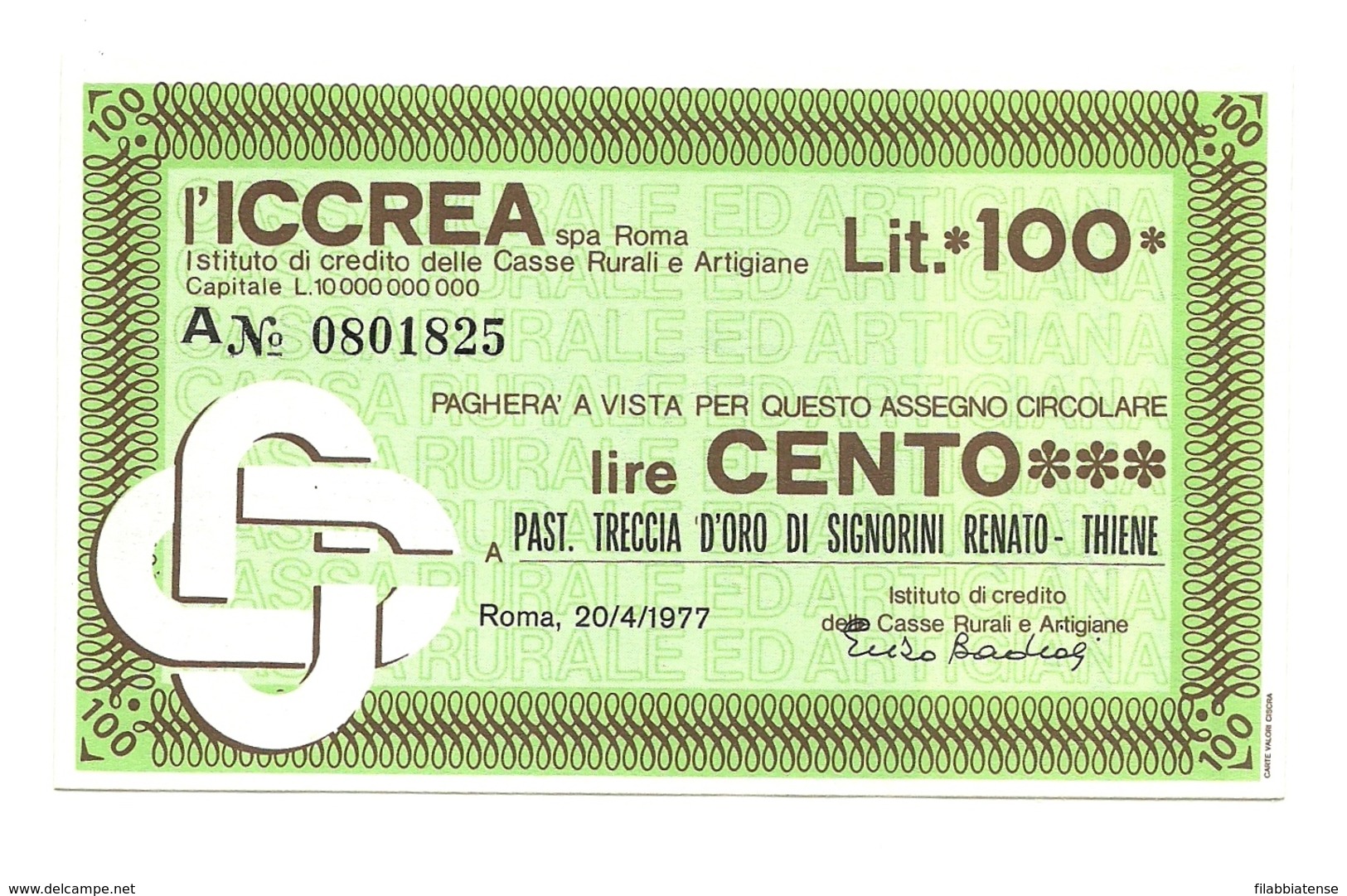 1977 - Italia - ICCREA - Past. Treccia D'Oro Di Signorini Renato - Thiene ---- - [10] Assegni E Miniassegni