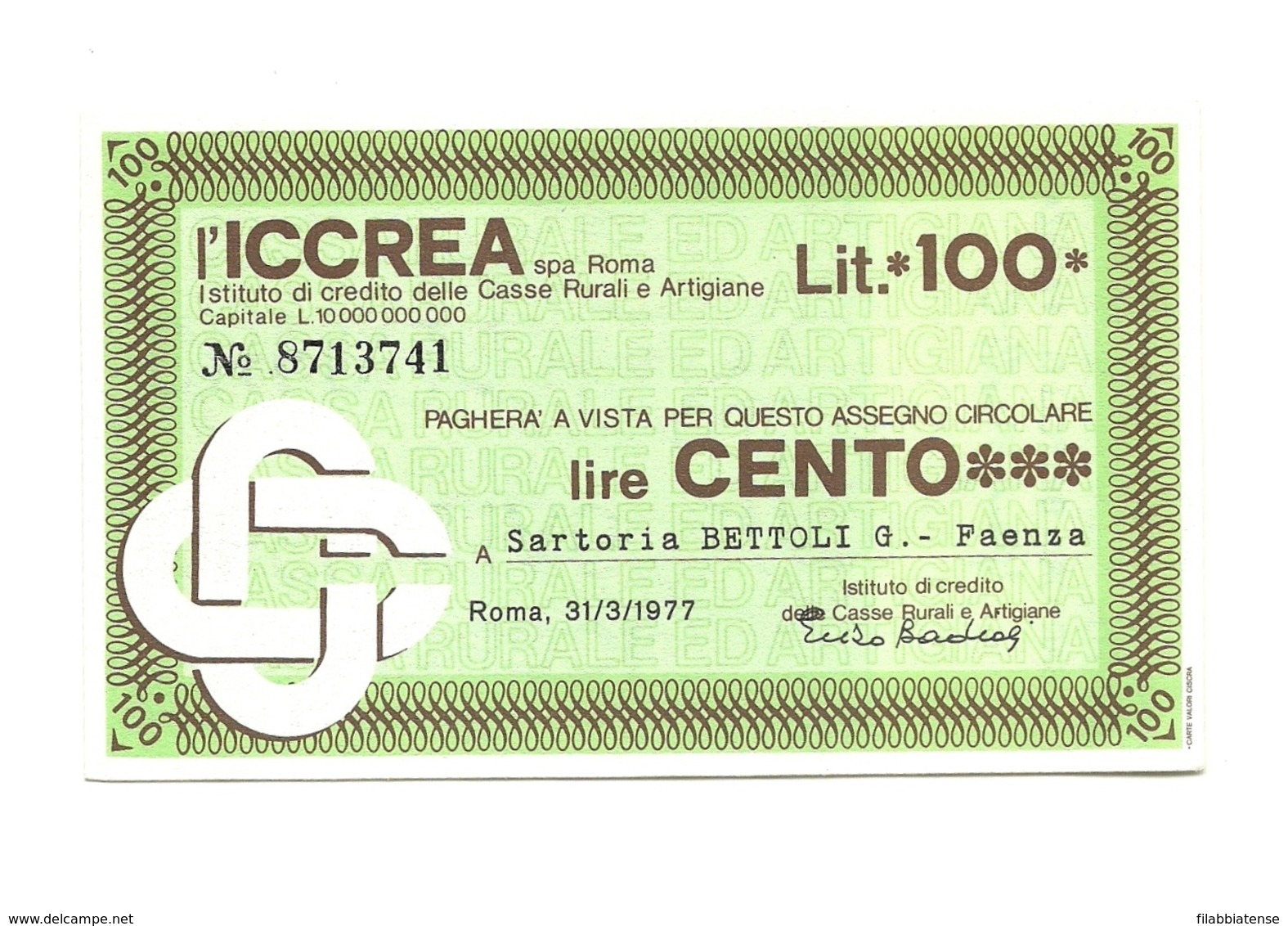 1977 - Italia - ICCREA - Sartoria Bettoli G. - Faenza - [10] Assegni E Miniassegni