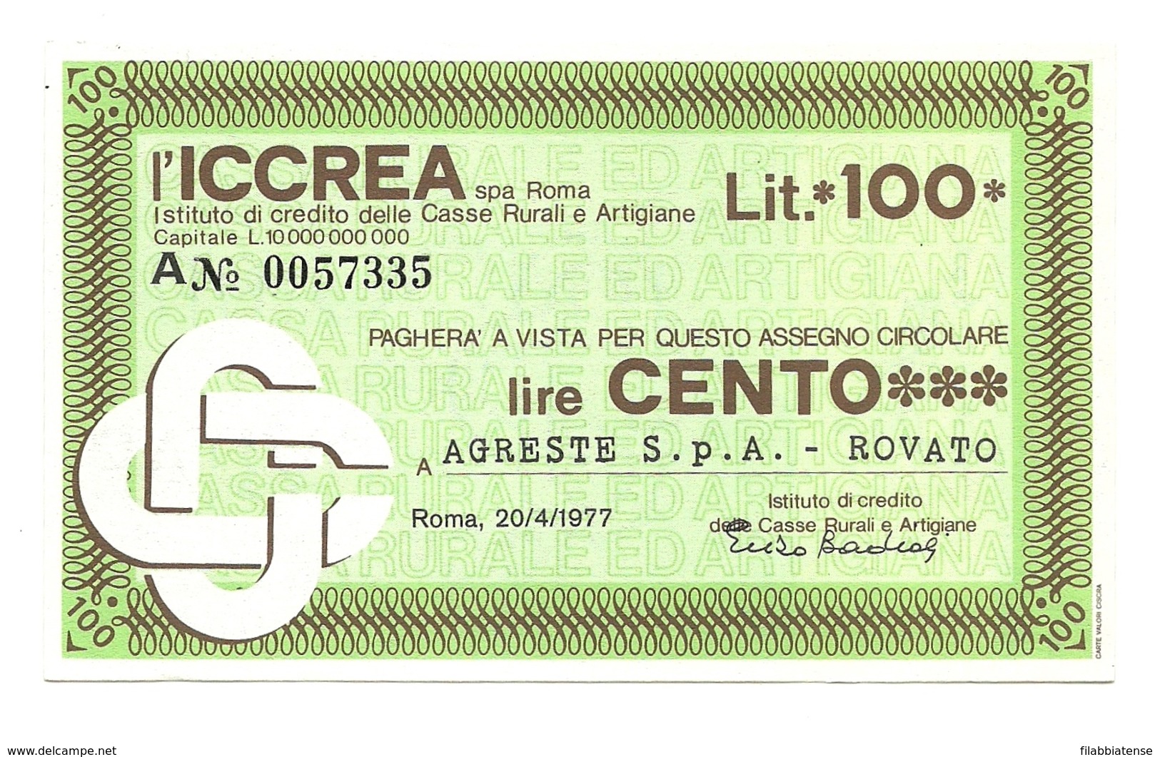 1977 - Italia - ICCREA - AGRESTE S.p.A. - Rovato ---- - [10] Assegni E Miniassegni