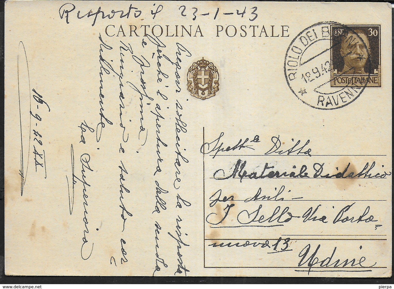 STORIA POSTALE REGNO - ANNULLO RIOLO DEI BAGNI/RAVENNA 19.09.1942 SU INTERO POSTALE - Marcophilia