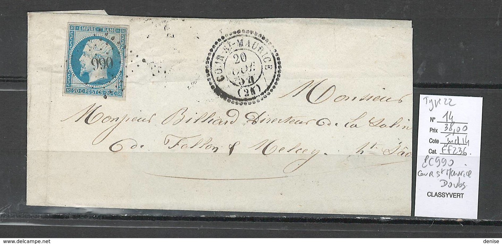 France - Lettre - PC990- Cour Saint Maurice - Type 22  - Doubs -yvert 14 - 1849-1876: Période Classique