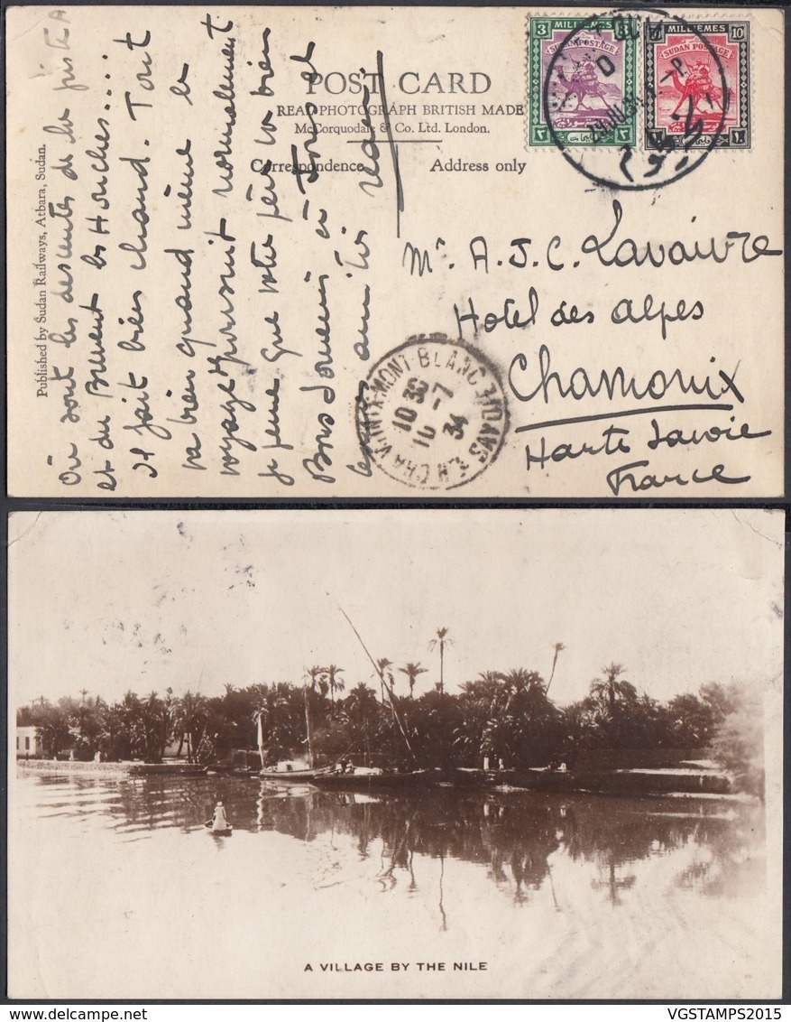 SOUDAN CP DE KHARTOUM "A VILLAGE BY THE NILE"29/06/1934 VERS CHAMONIX  (DD) DC-6966 - Soudan (...-1951)