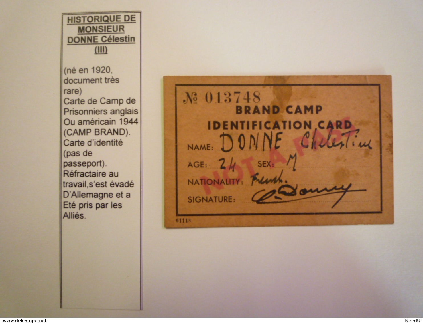 GP 2020 - 2337  BRAND CAMP  Identification CARD  (Camp De Prisonnier Anglais Ou Américain  1944)  RARE   XXX - 1939-45