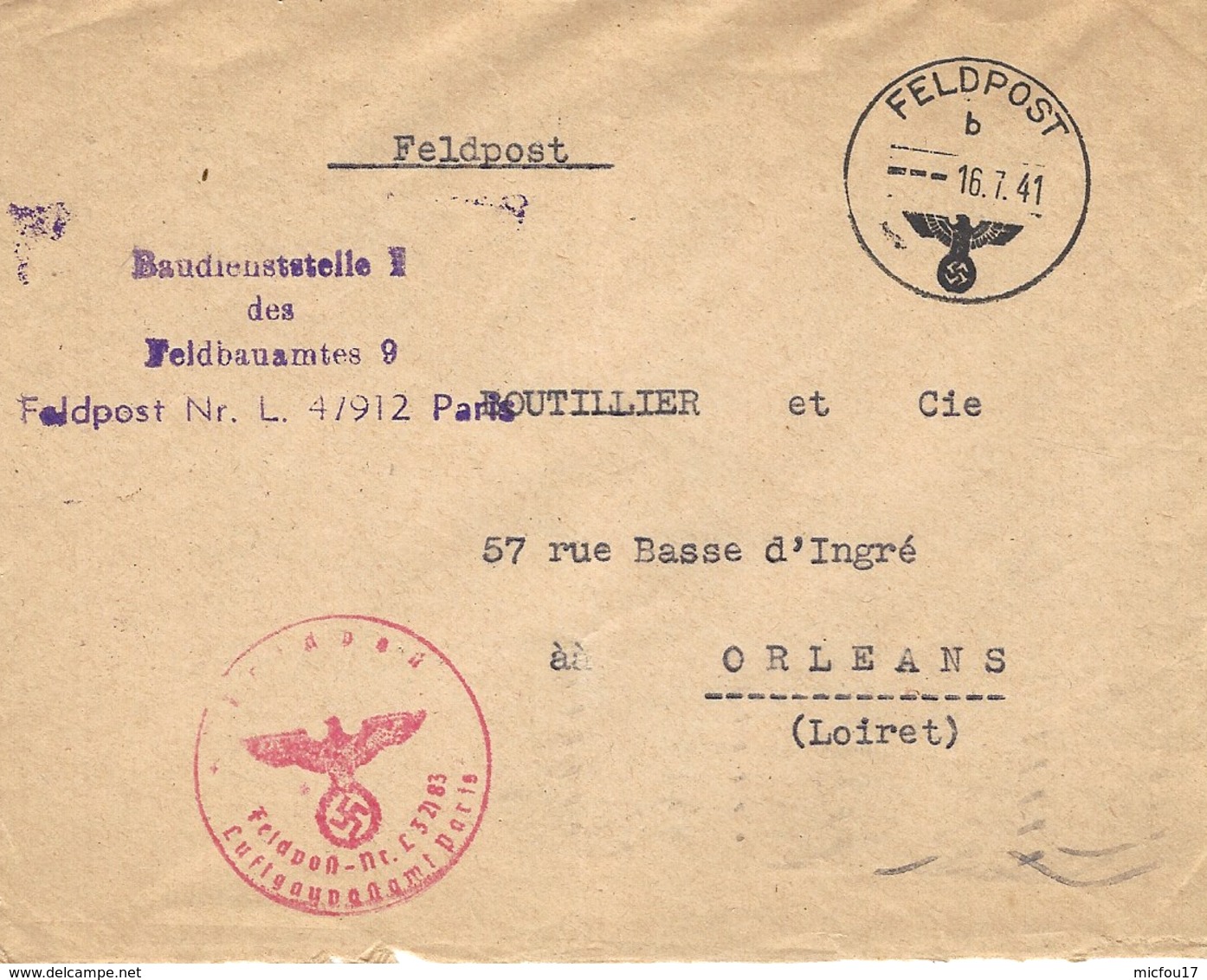 1941- Cover From Paris  Feldpost Nr. L. 4 / 912 To Orléans ( Loiret ) - Lettres & Documents