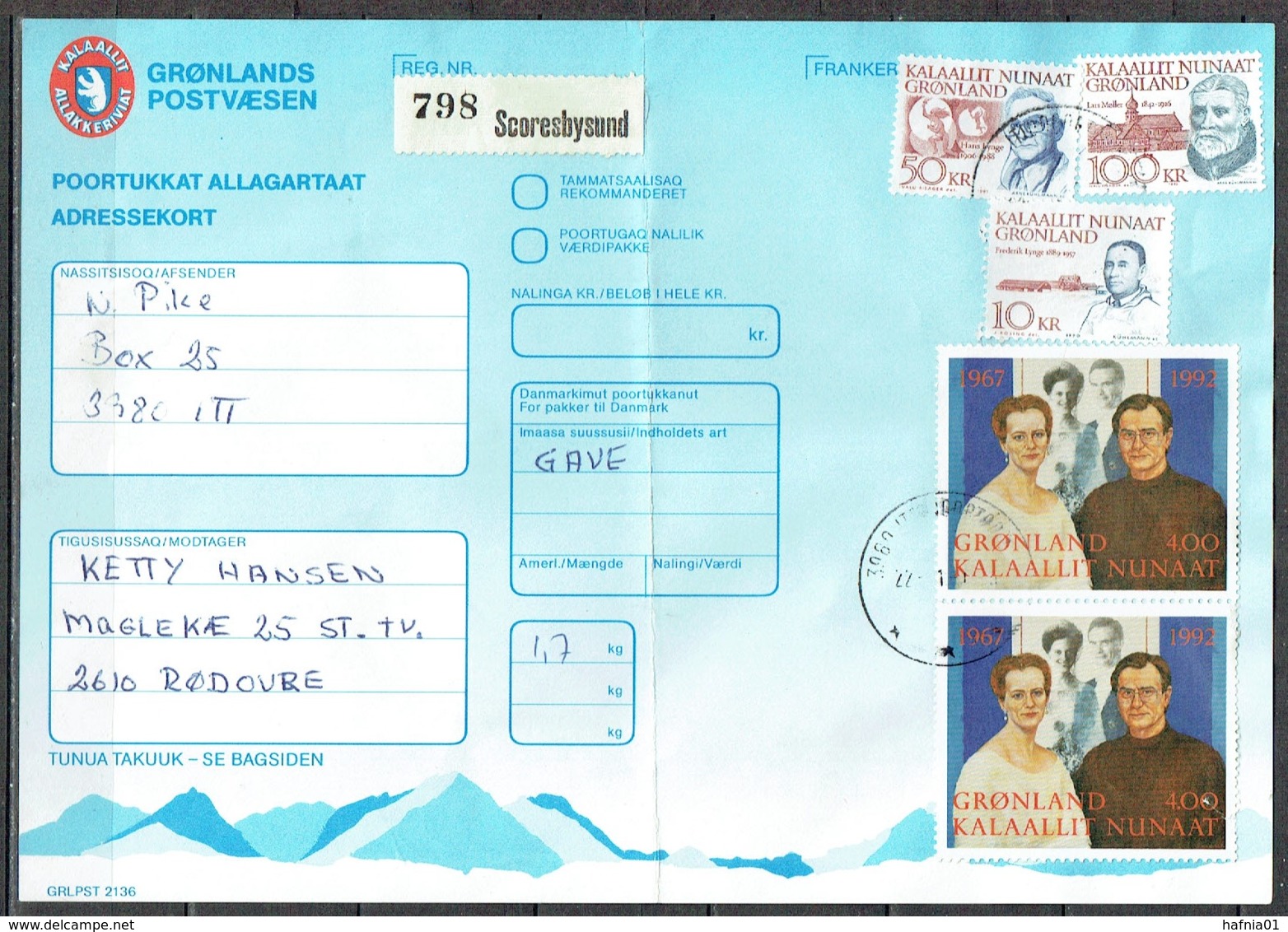 Czeslaw Slania. Greenland 1993. Parcel Card. Parcel Sent From Scoresbysund  To  Denmark. - Spoorwegzegels