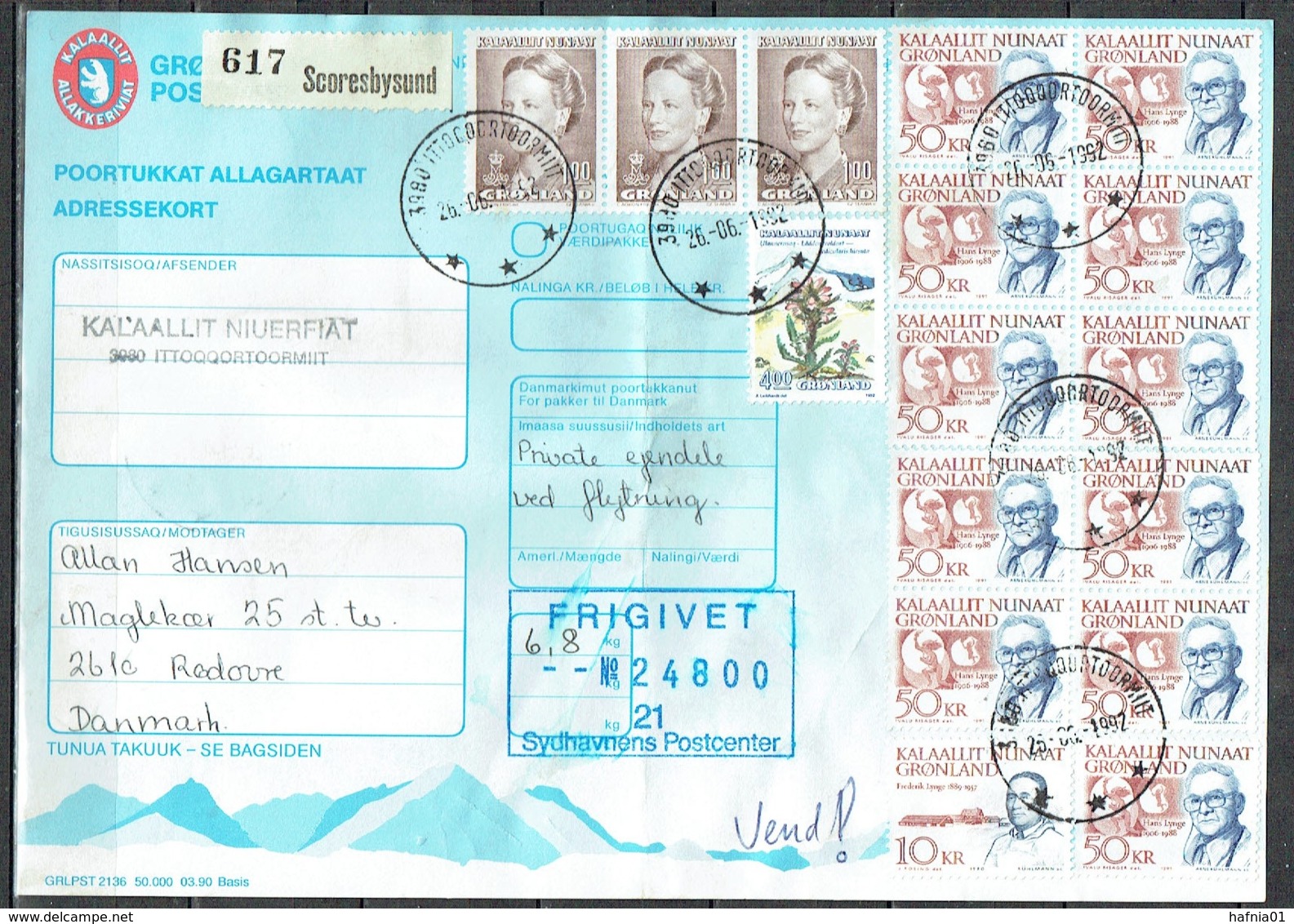 Czeslaw Slania. Greenland 1992. Parcel Card. Parcel Sent From Scoresbysund To Denmark. - Pacchi Postali