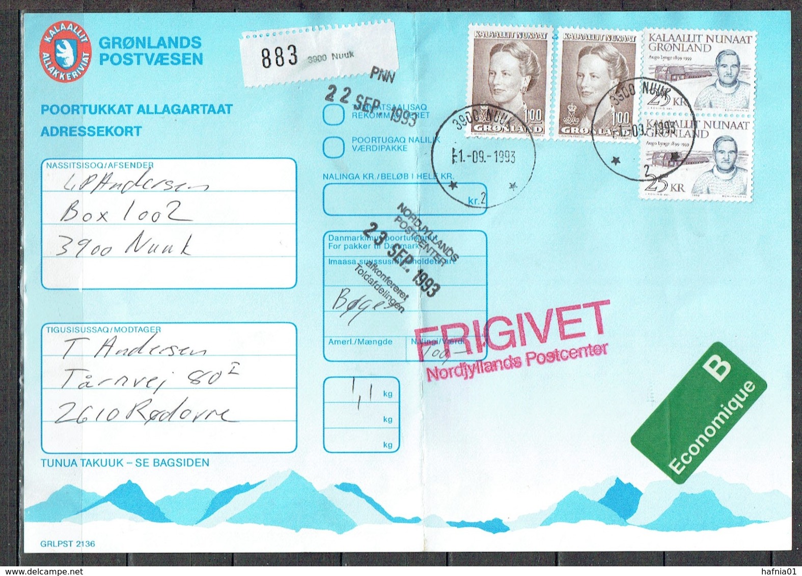 Czeslaw Slania.Greenland 1993. Parcel Card. Economy Parcel Sent From Nuuk To Denmark. - Colis Postaux