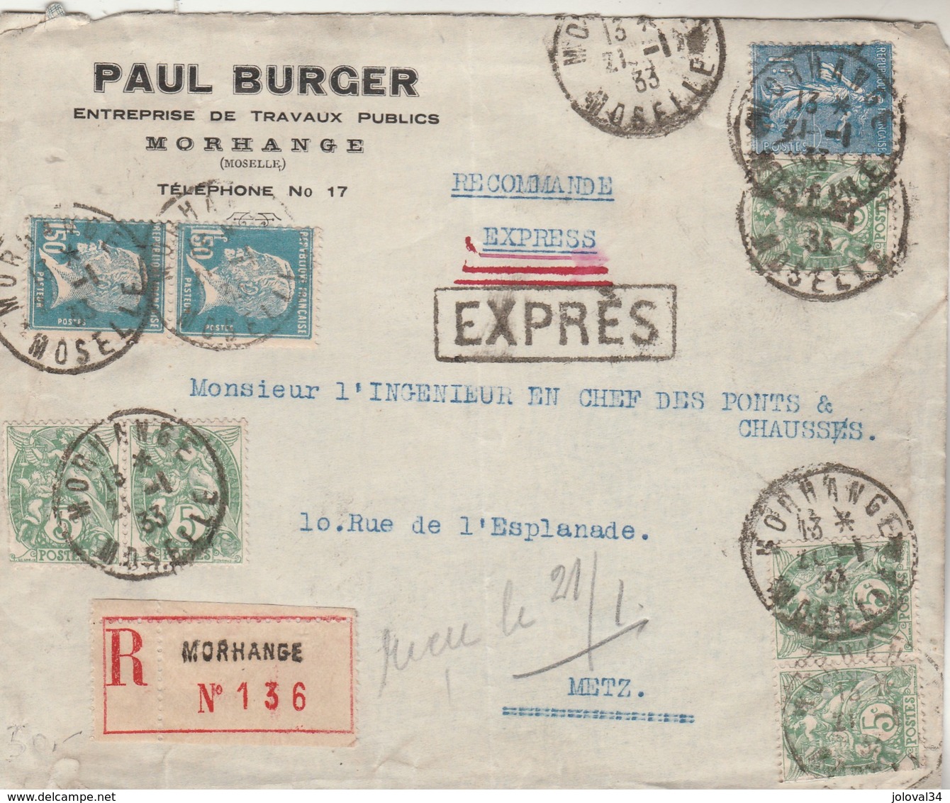 Affranchissement Composé Blanc Pasteur Semeuse Lignée Lettre Recommandée Expres Entête Burger MORHANGE Moselle 1933 - Lettres & Documents