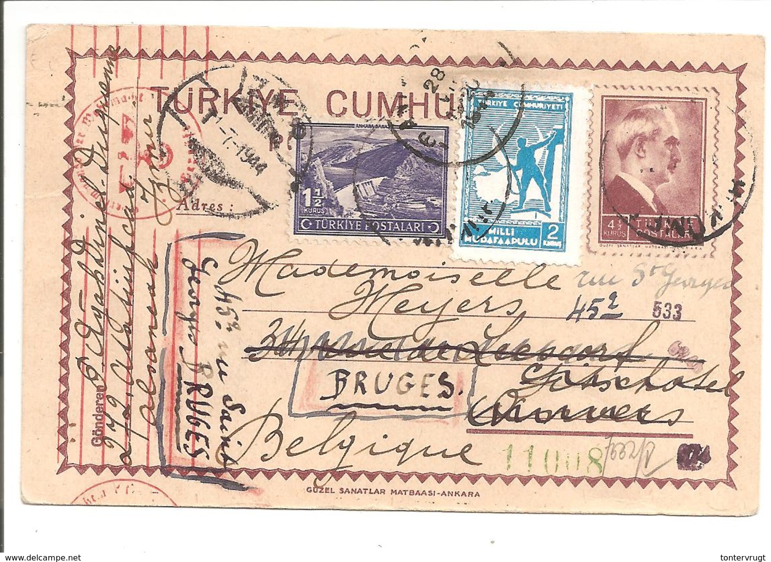 Posta Karti 4 1/2Ks 1943-Mi.P62 Izmir 11.7.44>Belgique OKW Zensur - Entiers Postaux