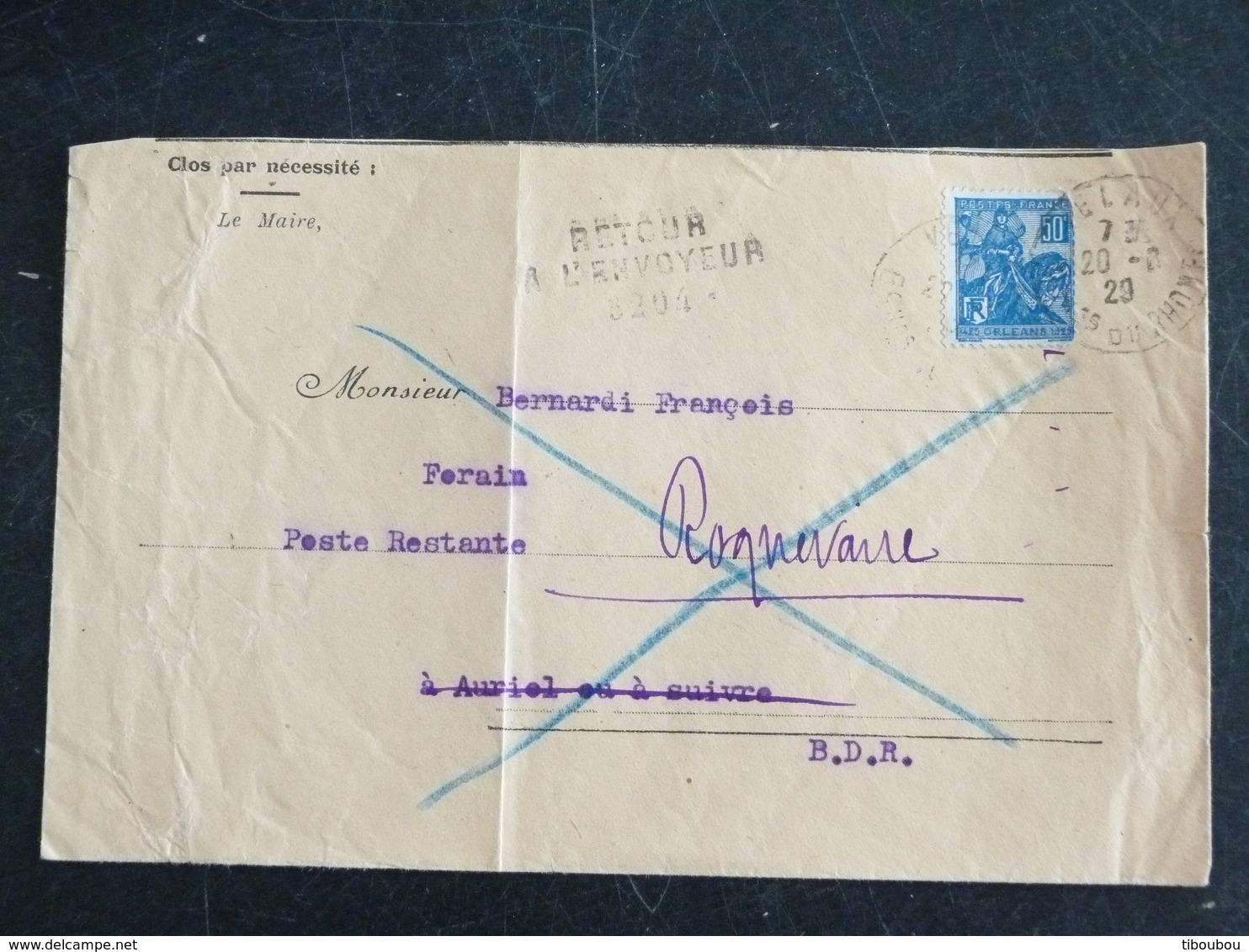 LELAUX AURIOL ROQUEVAIRE - BOUCHE DU RHONE - CACHET ROND MANUEL AU DOS - CACHET RETOUR ENVOYEUR POSTE RESTANTE FORAIN - Manual Postmarks