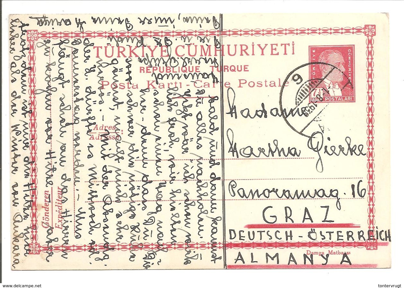 Posta Karti 7 1/2Ks Atatürk Mi.P54 Ankara No.6 -1.8.38>GRAZ OST MARK - Entiers Postaux