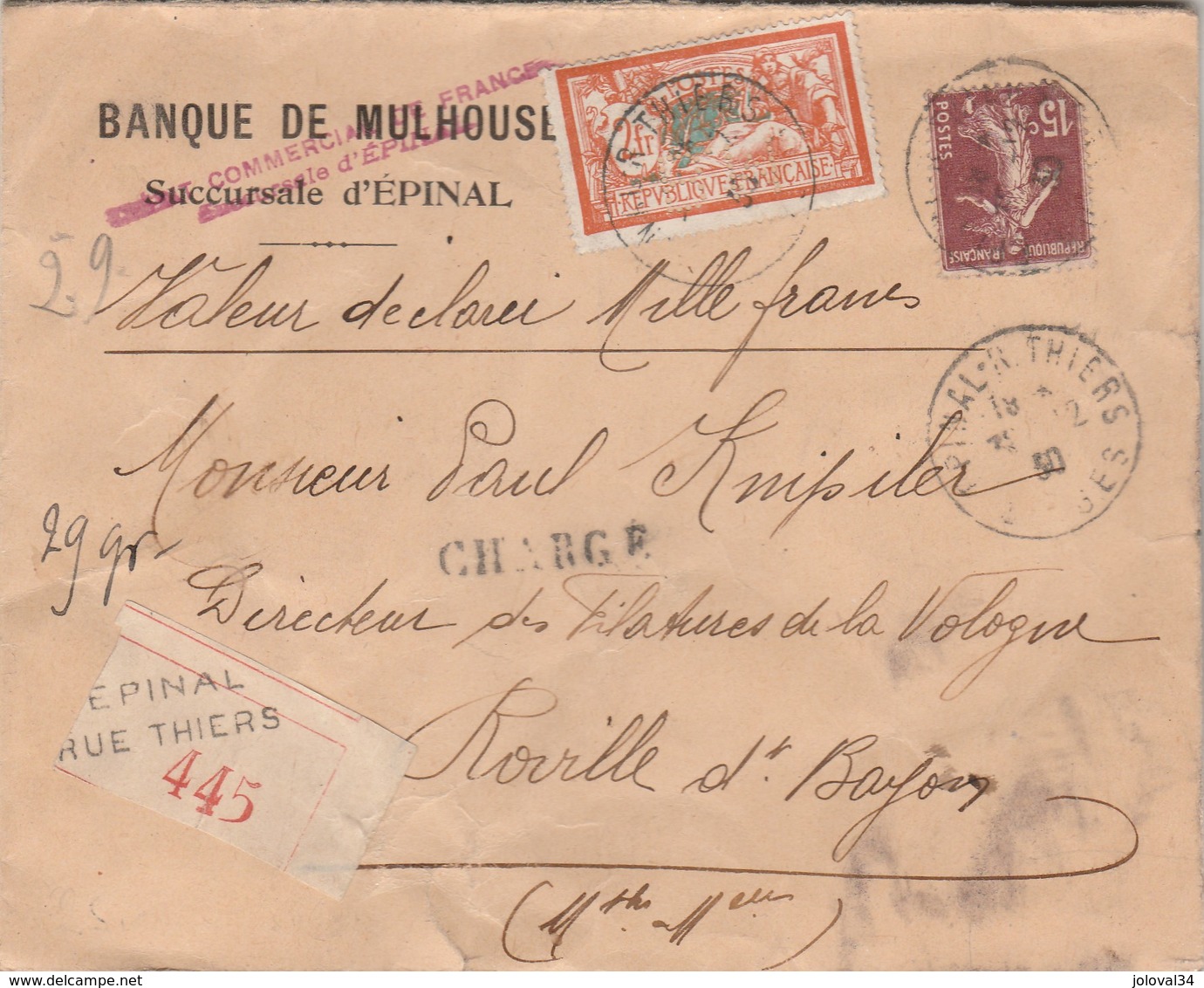 Yvert 145 Merson + Semeuse Lettre Valeur Déclarée Entête Crédit Commercial EPINAL Vosges 31/12/1930 à Roville  Bayon 54 - Lettres & Documents