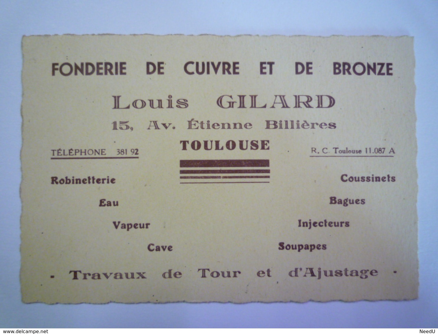 GP 2020 - 2349  Carton PUB  " FONDERIE De CUIVRE Et De BRONZE "  Louis GILARD  Toulouse   XXX - Reclame