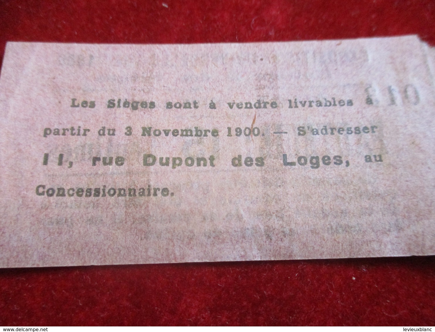 Exposition Universelle De 1900/ Entreprise Des Sièges / FAUTEUIL 15 Ct/2éme Lot Rive Gauche/ 1900   TCK25 - Eintrittskarten