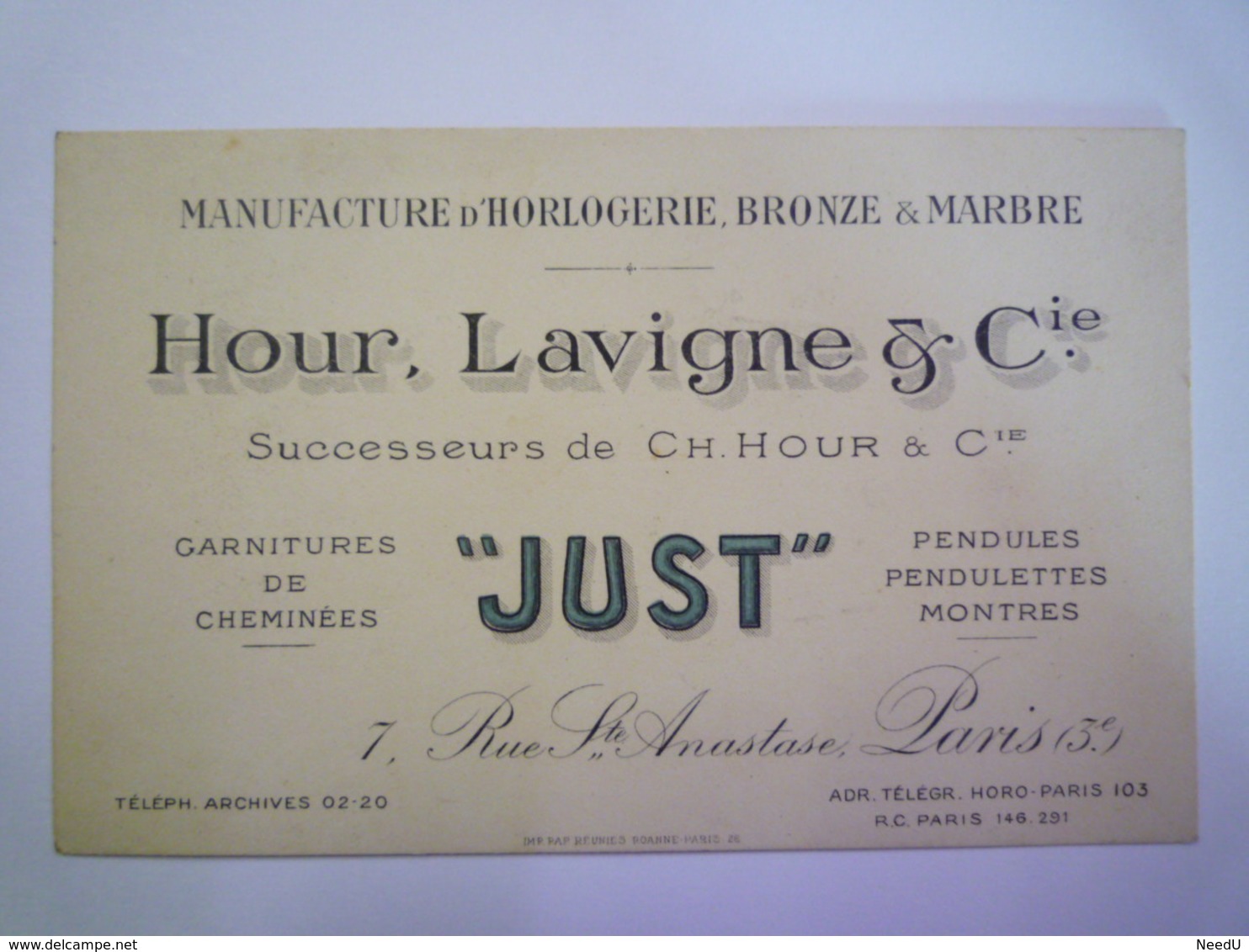 GP 2020 - 2350  Carton PUB  " Manufacture D'Horlogerie, Bronze & Marbre "  Hour , Lavigne &Cie  PARIS   XXX - Reclame