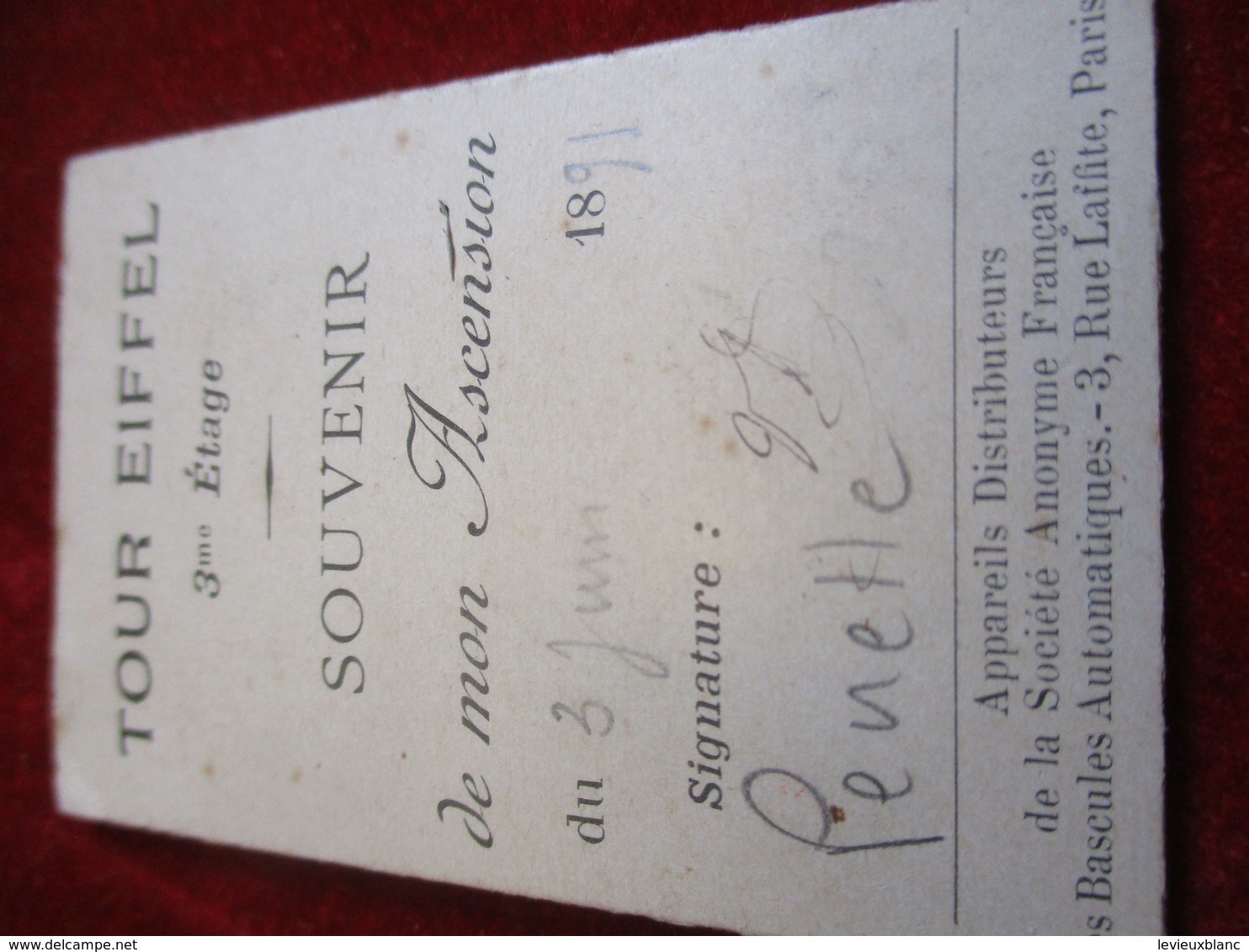 TOUR EIFFEL/ 3éme étage/ Souvenir De Mon Ascension/SA Française Des Bascules Automatiques/ 1891                    TCK23 - Tickets D'entrée