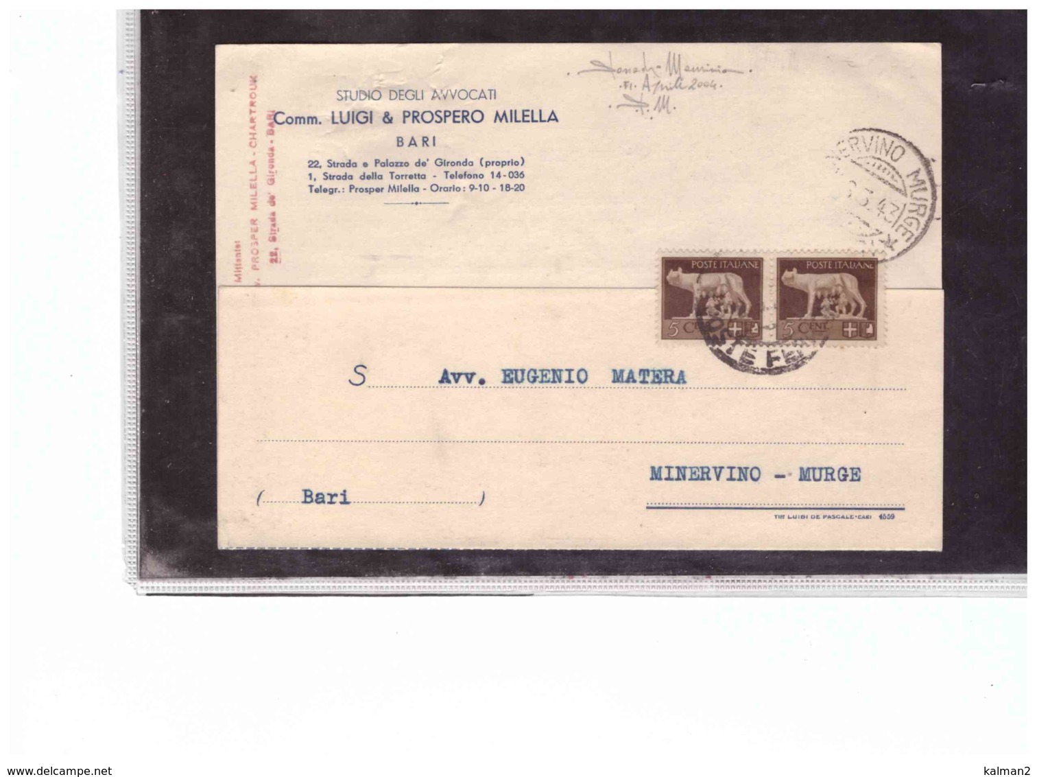 TEM11287  -  BARI  23.3.1943      /     CART. POSTALE   SPEDITA A   MINERVINO MURGE - Storia Postale