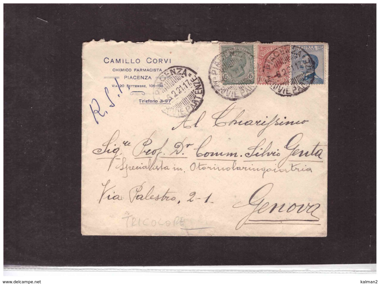 TEM11291  -  PIACENZA  6.2.1921   /   LETTERA   SPEDITA A   GENOVA CON AFFRANCATURA TRICOLORE - Storia Postale