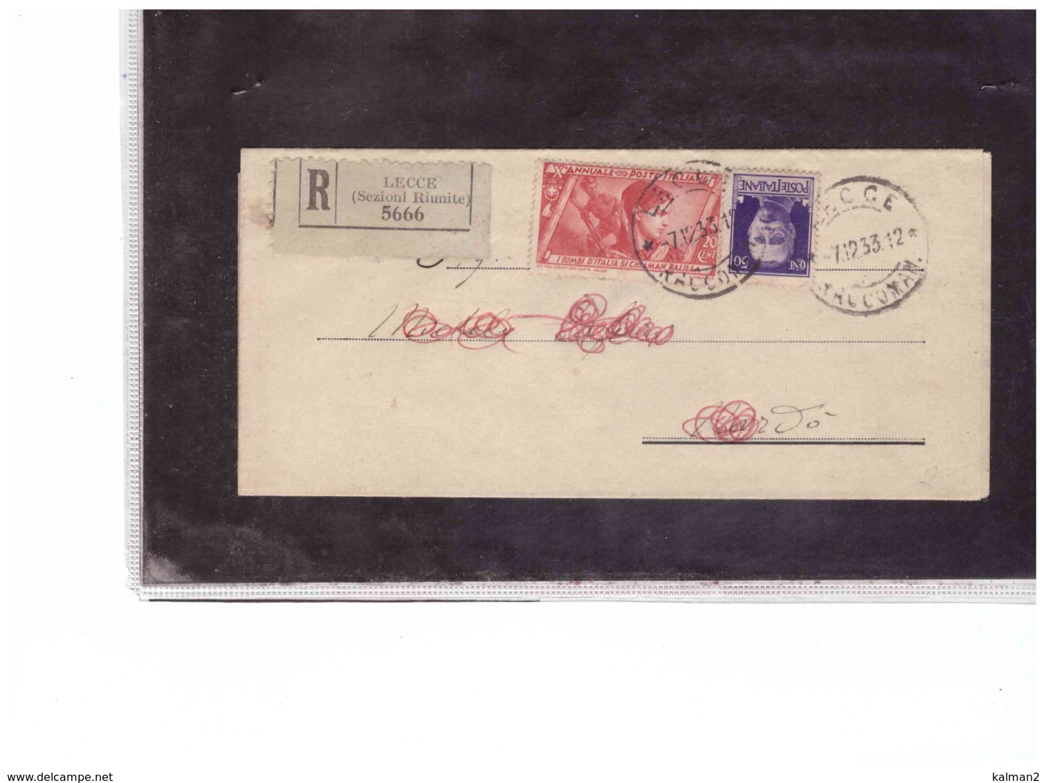 TEM11295  -   LECCE 7.12.1933   /  RACCOMANDATA  SPEDITA A  NARDO'  AFFRANCATA CON IL NR.328 SASSONE - Storia Postale