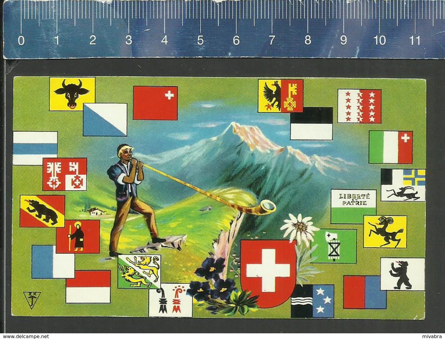 SCHWEIZ LA SUISSE SWITZERLAND ALPEN HORN CORNE DES ALPES COAT OF ARMS HERALDRY - Boites D'allumettes - Etiquettes