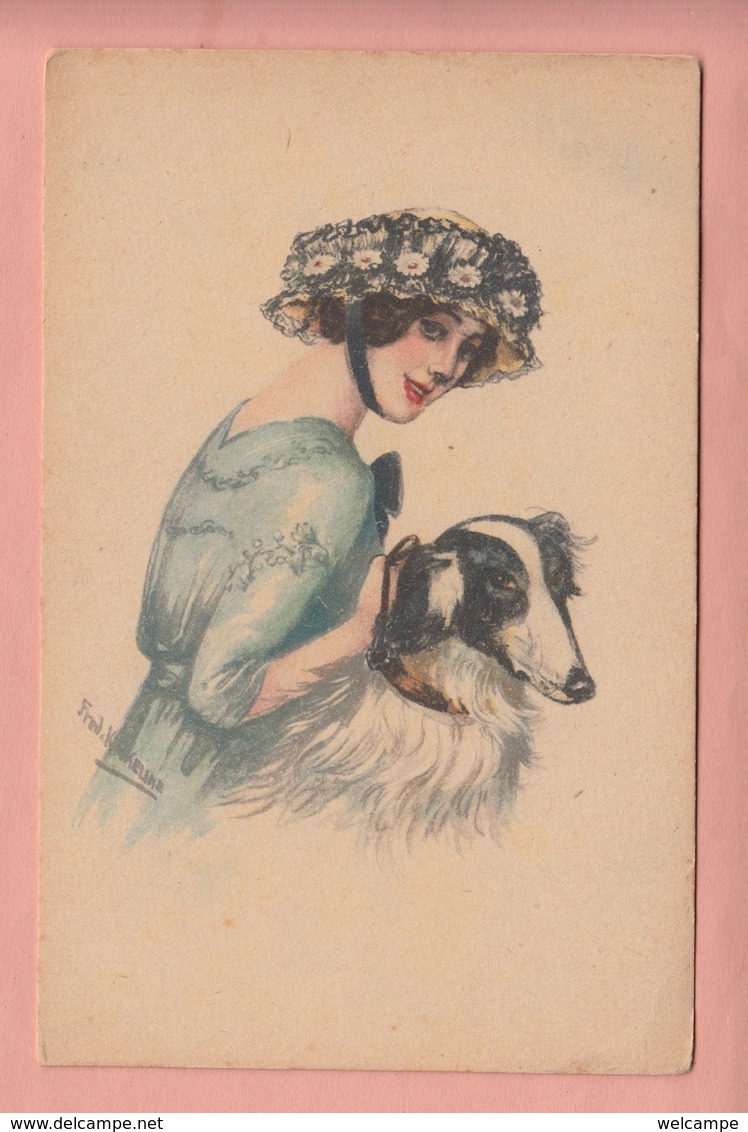 OLD POSTCARD - FANTASY -  ARTIST SIGNED - WOMAN WITH DOG - BORZOI - Kaskeline