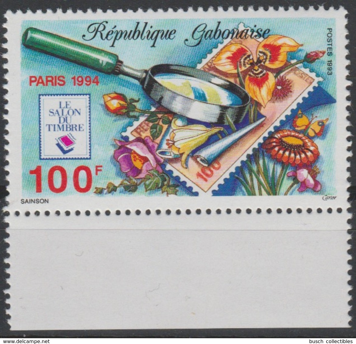 Gabon Gabun 1993 / 1994 Mi. 1159 Le Salon Du Timbre PARIS Flowers Fleurs Blüten Blumen Flore Flora Stamp On Stamp RARE ! - Gabón (1960-...)