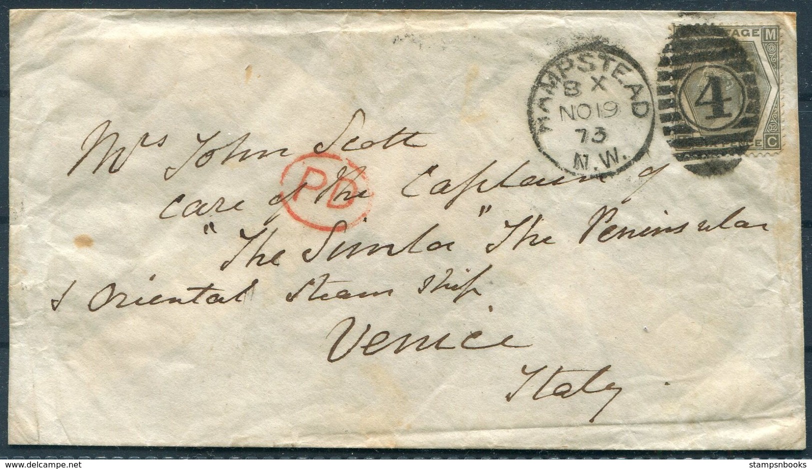 1873 GB Hampstead NW 4 Duplex 6d Rate Cover - Mr John Scott, C/O Captain Of The P&O Steamship "Simla", Venice Italy - Storia Postale