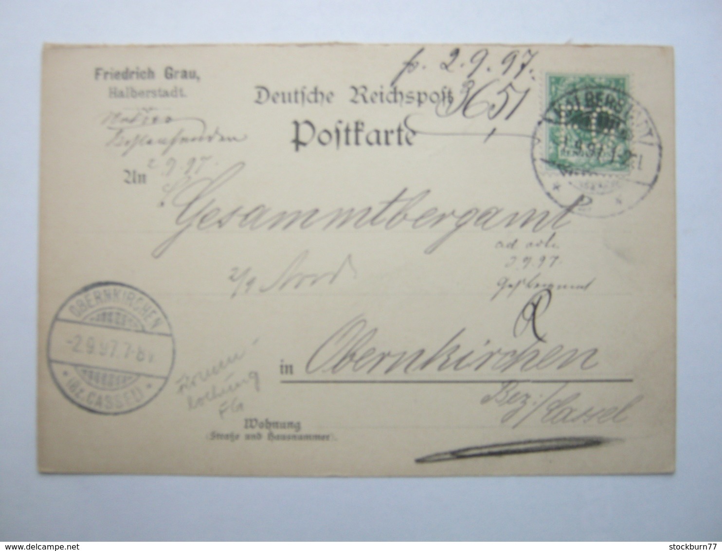 1897 , Halberstadt , Firmenlochung Auf Karte , Perfin - Briefe U. Dokumente