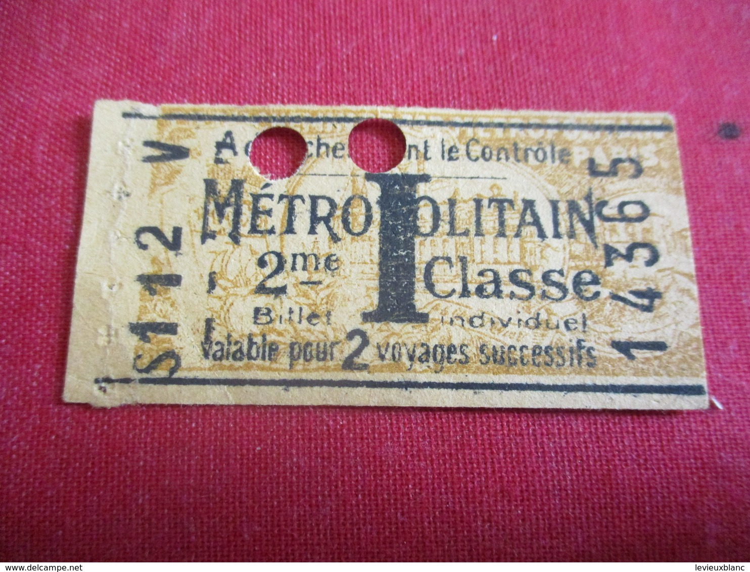 Métropolitain/Ticket Ancien/2éme Classe/détacher Avant Le Contrôle/Valable Pour 2 Voyages Successifs/Vers1920-1940 TCK36 - Europe