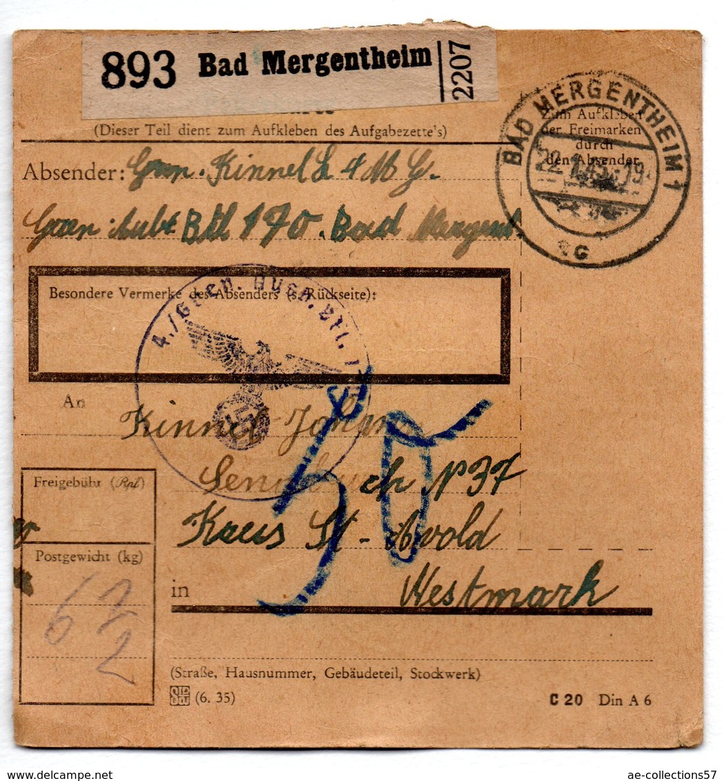 Allemagne  / Colis Postal  / Départ  Bad Mergentheim / Pour Sengbuch ( Seingbouse )  / 22-1-43 - Lettres & Documents