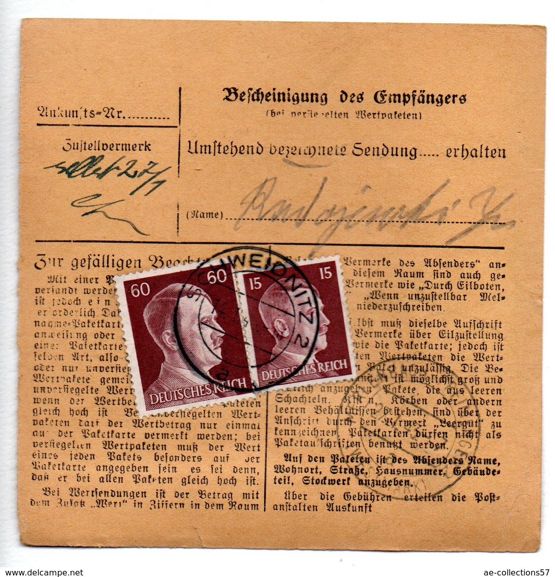 Allemagne  / Colis Postal  / Départ Schweidnitz / 11-1-43 - Lettres & Documents