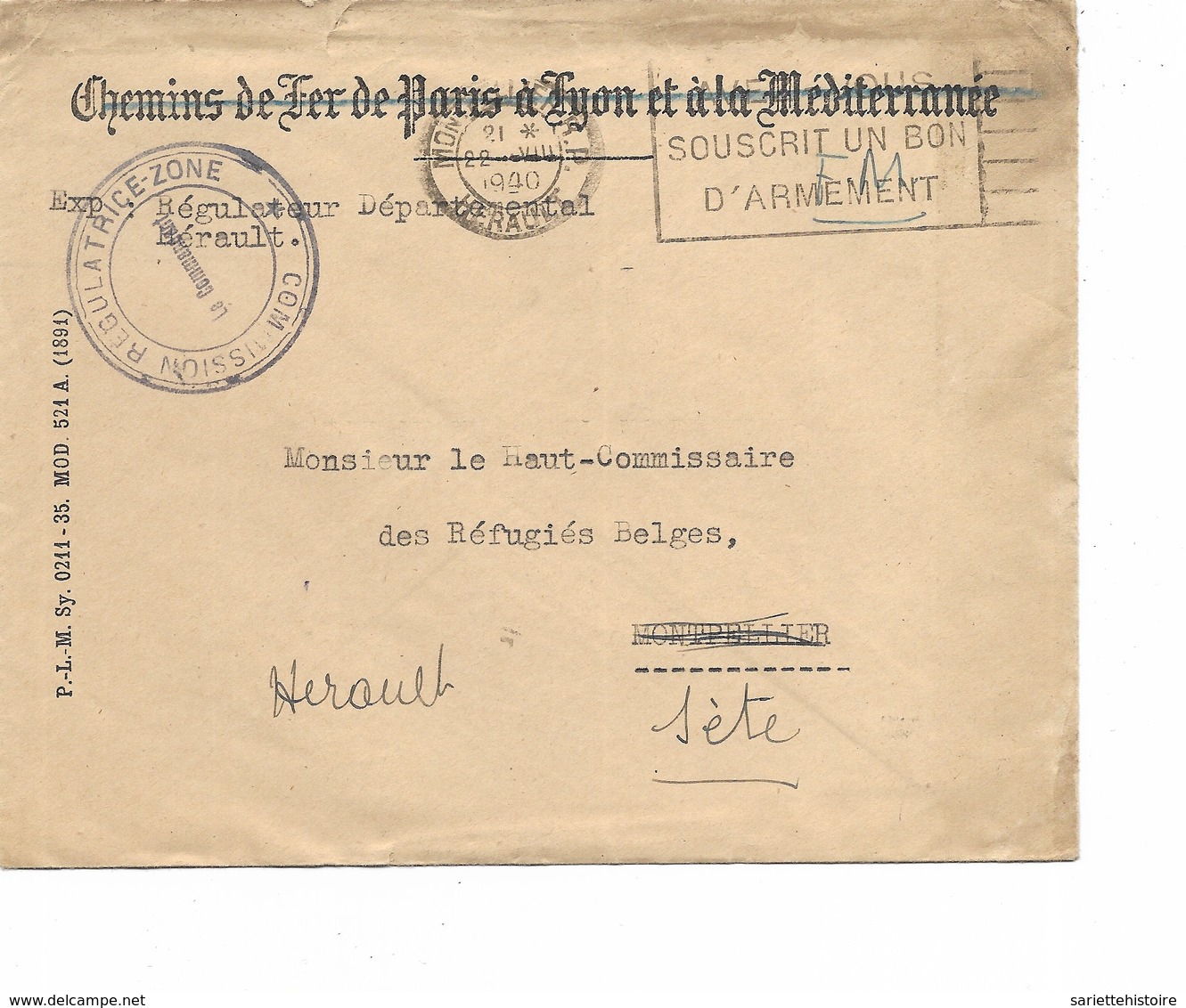 SH 0326. Lettre De MONTPELLIER 22 VIII.1940 + Cach. COMMISSION REGULATRICE-ZONE/Le COmmandant V.SETE/Ht-Commissaire - Guerre 40-45 (Lettres & Documents)