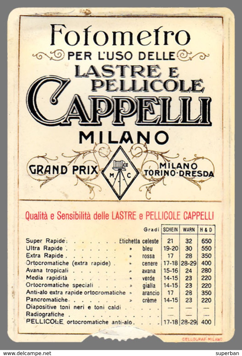 FOTOMETRO Per PELLICOLE CAPPELLI - MILANO / DISQUE PHOTOMÉTRIQUE Pour DÉTERMINER LE TEMPS DE POSE ~ 1910 - RRR ! (ae078) - Matériel & Accessoires